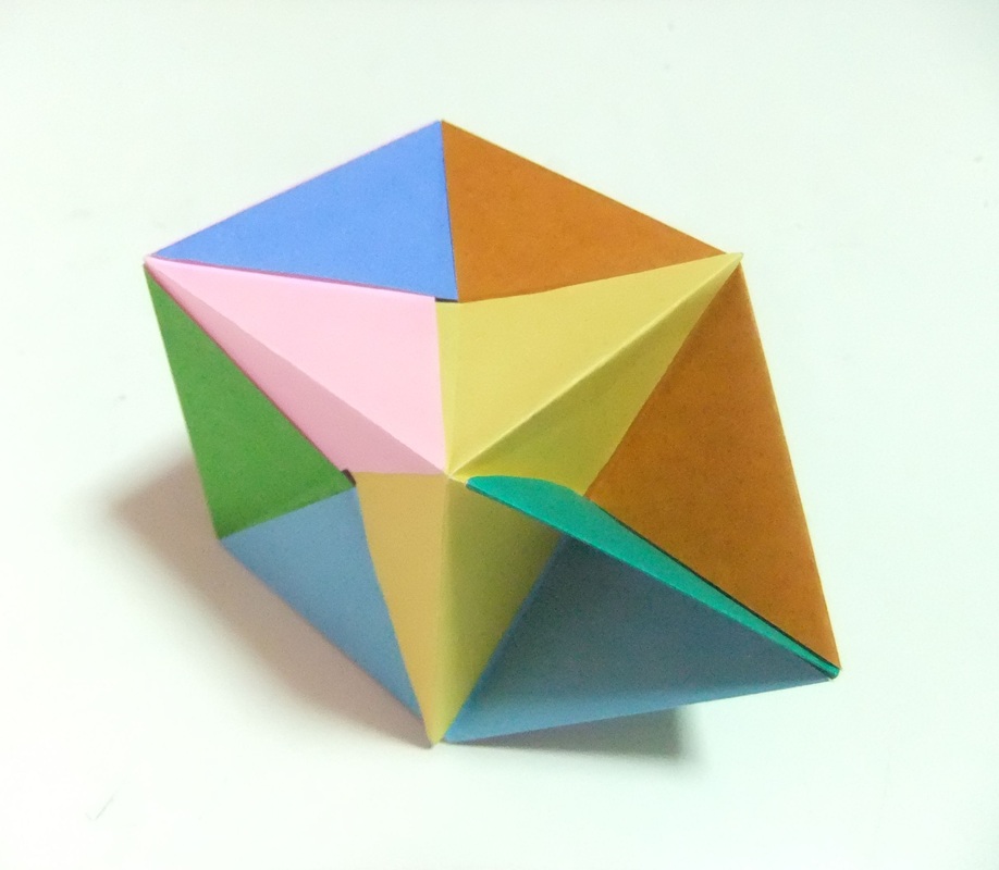 Modular origami elongated square pyramid from 9 waterbomb base units